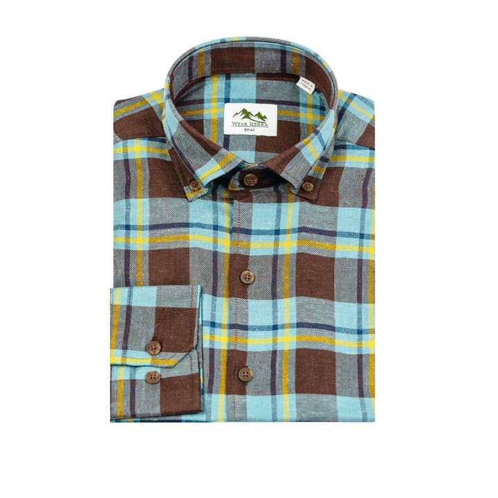 Camisas de hombre de manga larga con botones en cuadros azules y marrones para venta al por mayor de Wear Sierra