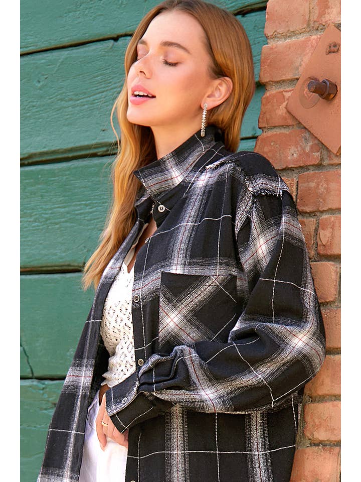 La Miel - Wholesale Button Down Shirt - Women's - SRT1372-Loose Fit Button Down Cut Edge Detailed Plaid Shirts1