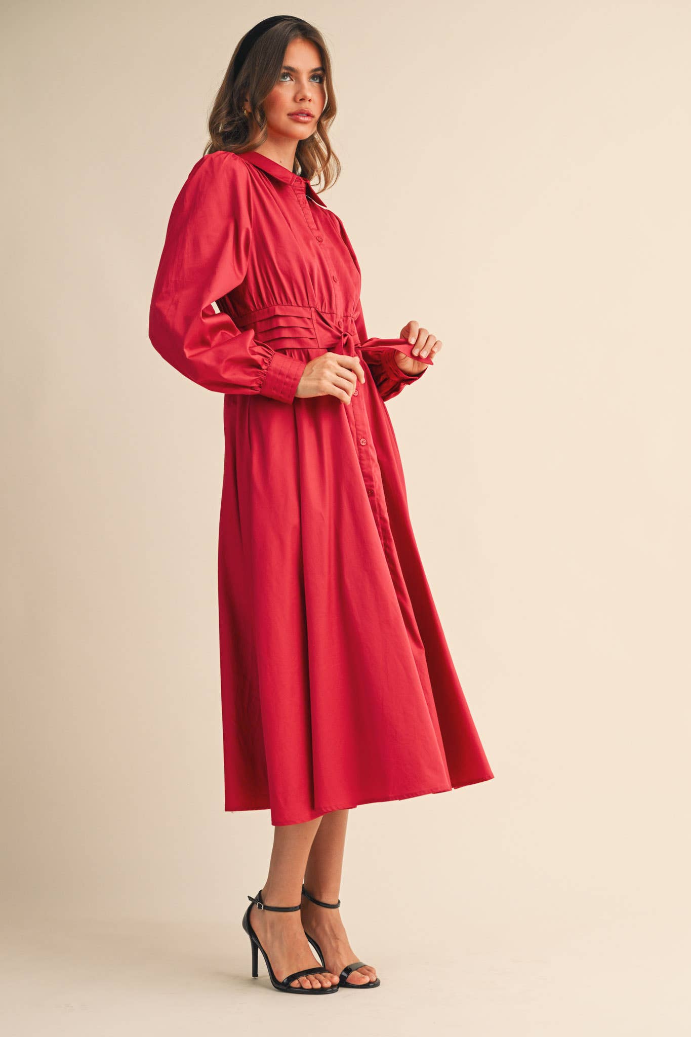 &MERCI - Wholesale Dress - Women's - PINTUCK WAIST TIE FRONT MIDI DRESS MDR421935