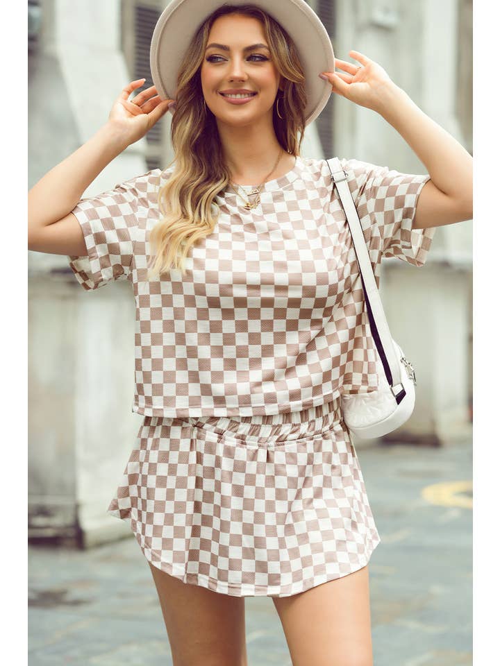 1 the Woman - Vente Ensemble haut et jupe - Femme - Ensemble 2 pièces : T-shirt à damier et jupe-short taille haute
