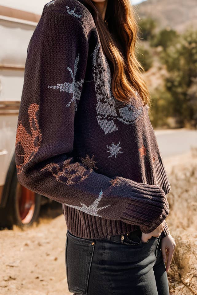 Brown Fashion-W Western Cowgirl Fashion Print Casual Sweater for wholesale on Faire1