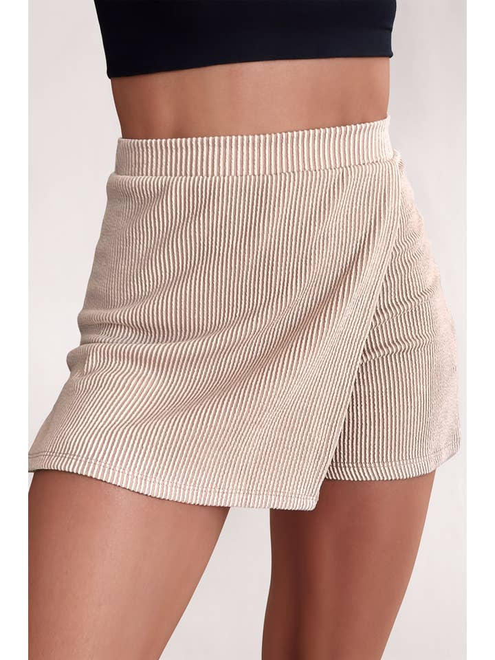 Beige Corded Elastic High Waist Wrap Skort for wholesale on Faire