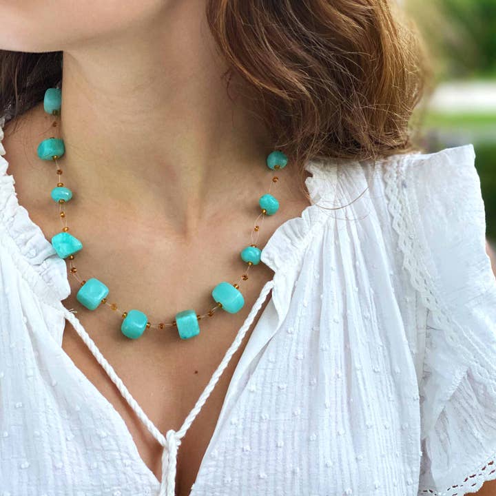 Global Crafts - Wholesale Beaded/Pearl Necklace - Floating Stone and Maasai Bead Necklace - Turquoise3