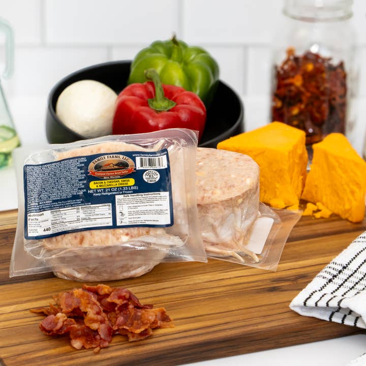 Family Farms LLC - Wholesale Shelf-stable prepared meal - Gourmet Bacon Cheese Chicken Patty - Chi Pepper Jack