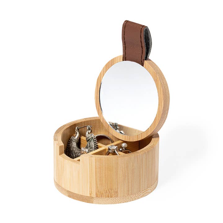 Bamboo jewelry box with mirror and compartments for wholesale by Fustik