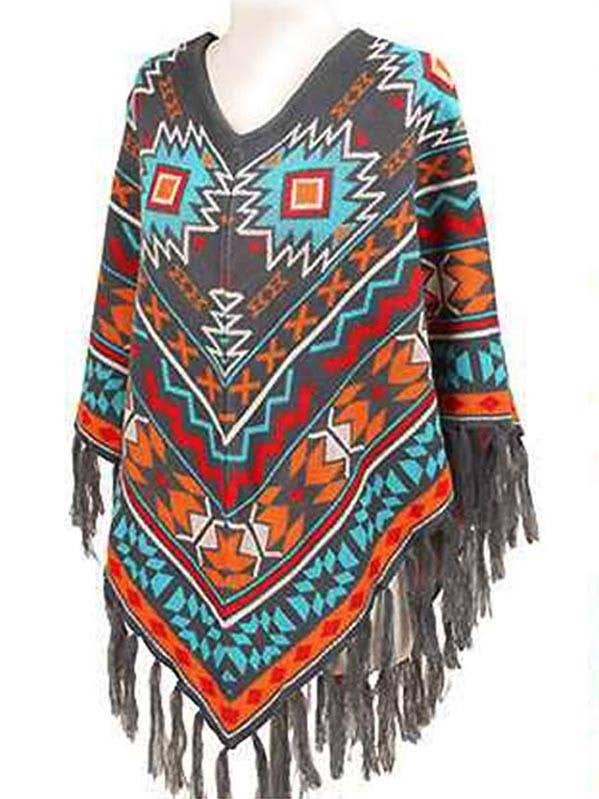 Grey Aztec print with fringe V neck Poncho for wholesale on Faire