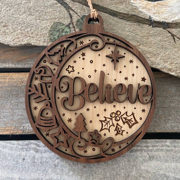 Christmas ornament, wooden 2D ornament, believe for wholesale by Chickadee Creations