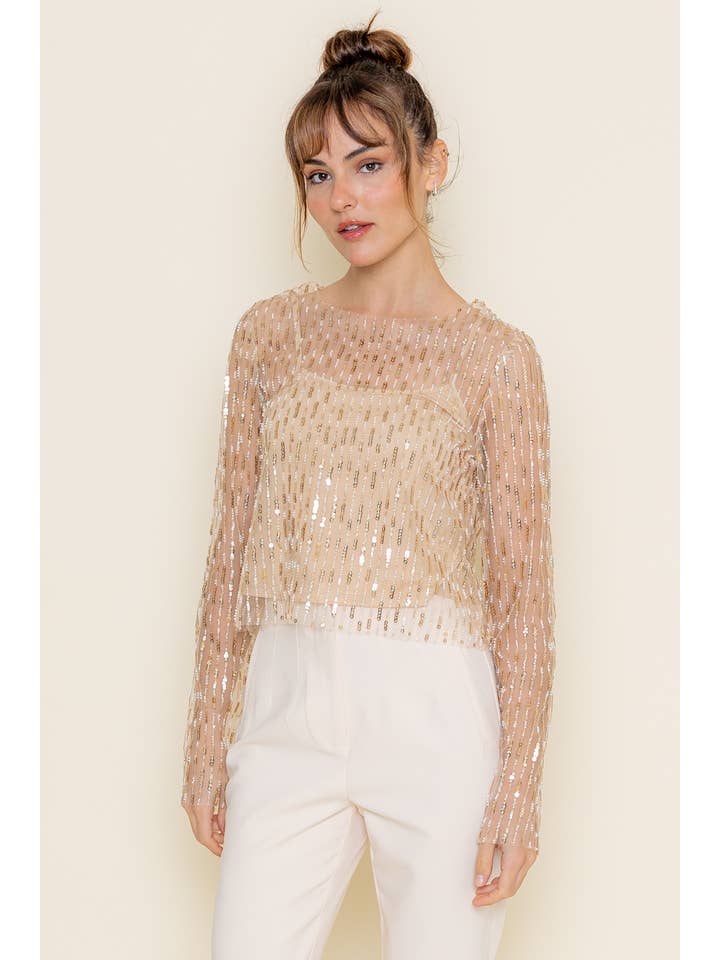 CHIC GOLD INTRICATE BEADED MESH LONG SLEEVE TOP-TI5688FO for wholesale on Faire