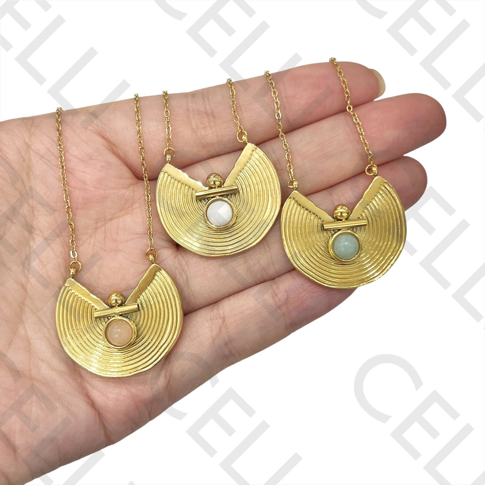 Celli Biju - Wholesale Bib Necklace - Steel Necklace - round with natural stone2