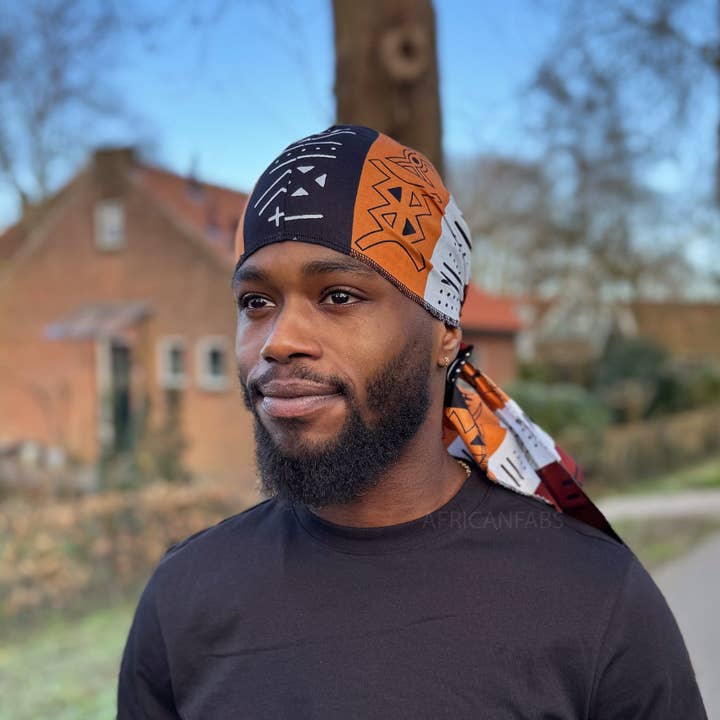 AfricanFabs - Vente Bandana – unisexe - Durag / Du-rag / Do-rag / Bandana - Unisexe - Bogolan Marron Foncé2