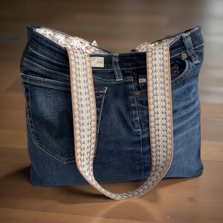 AG Upcycled Premium Denim Tote Bag - brown floral for wholesale by Indigo Bags