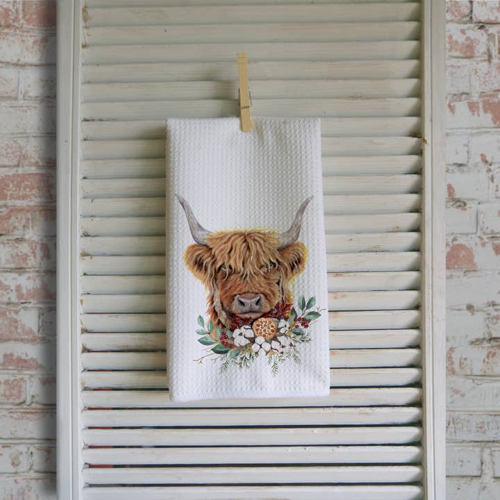 Middlefork & Co. - Wholesale Tea towel - Watercolor Scottish Highland Cow Tea Towel Farmhouse Kitchen1