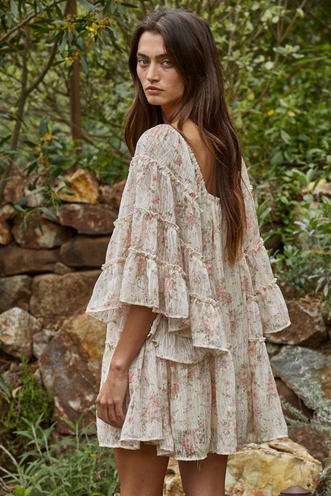 Cream Multi L8960 | Woven Polyester Chiffon Floral Flare Mini Dress for wholesale on Faire2