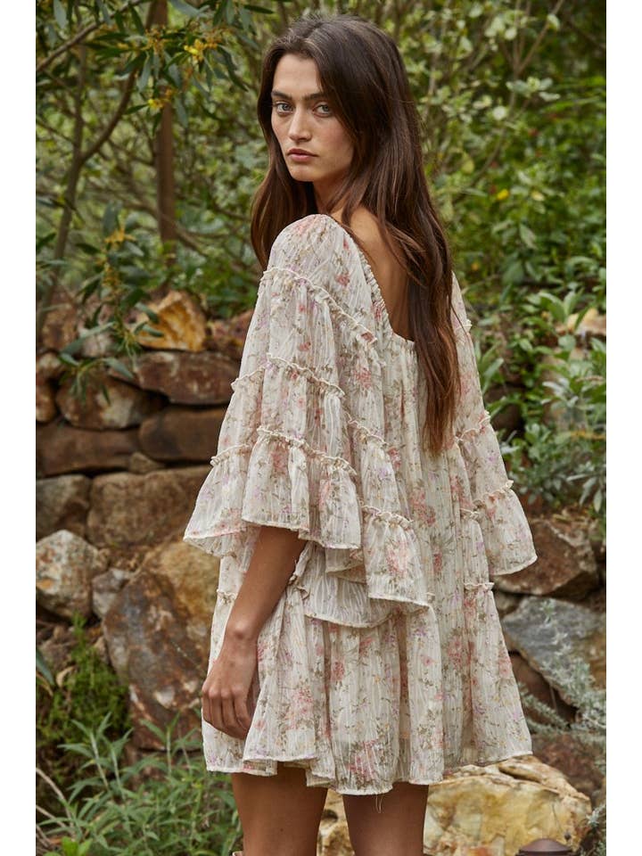 Cream Multi L8960 | Woven Polyester Chiffon Floral Flare Mini Dress for wholesale on Faire2