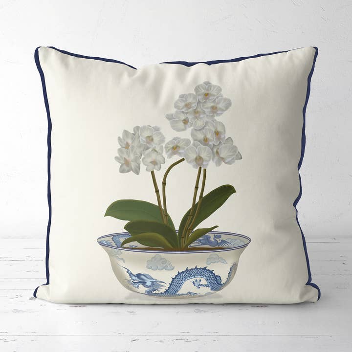 Chinoiserie Orchid floral dragon bowl pillow patio cushion for wholesale by FabFunky Ltd