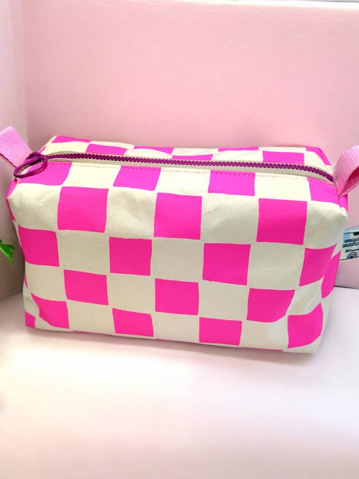 Handprinted Boxy pouch Pink and Natural Checkered for wholesale by Yolla.studio
