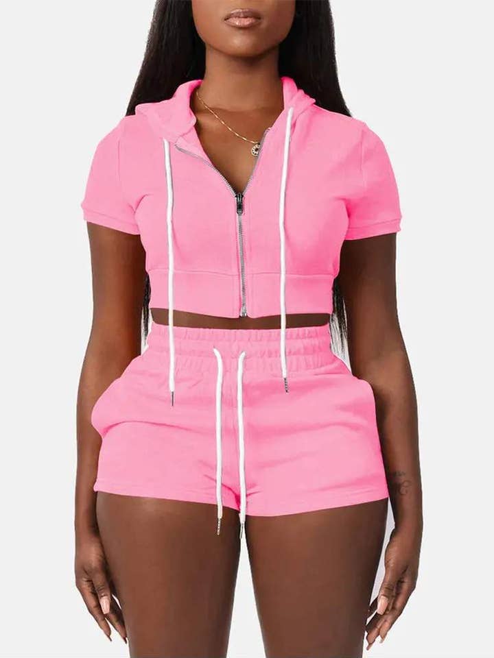zipper design hooded top drawstring shorts set for wholesale by Fashion Combination