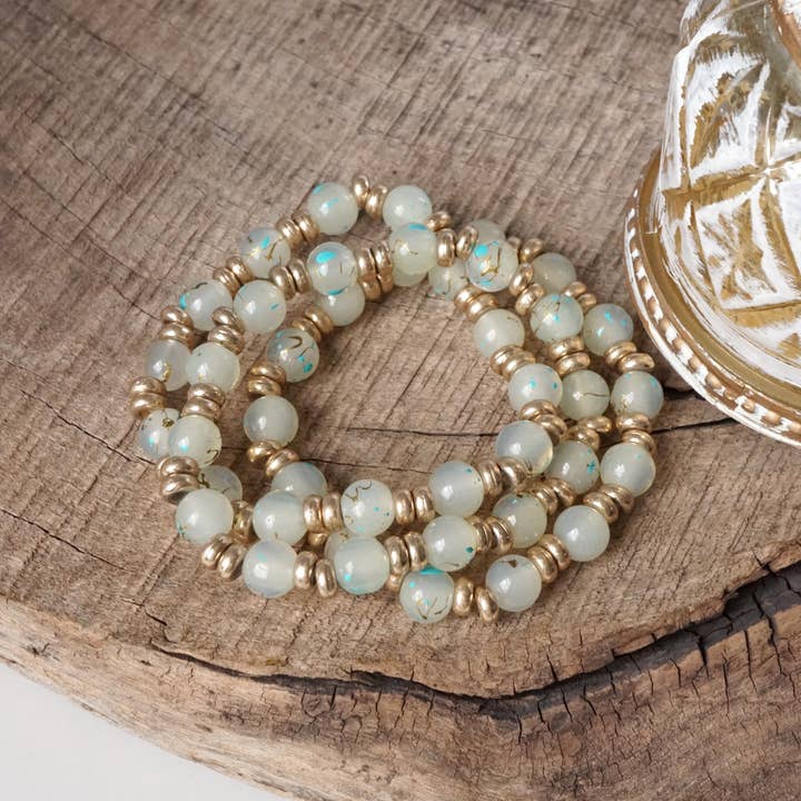 PennyLine inc - Wholesale Beaded Bracelet - Glass Beaded Bracelet Stack with Worn Gold Accents – Green, Cream, or Gray