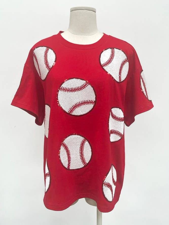 Red Baseball Game Day Sequin Sparkles Beading T-Shirt for wholesale by ABLNco