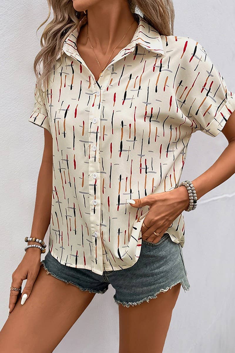 WHITE CWTSTS0516_CONTRAST LAPEL LINE PRINT SHORT SLEEVE SHIRT for wholesale on Faire3
