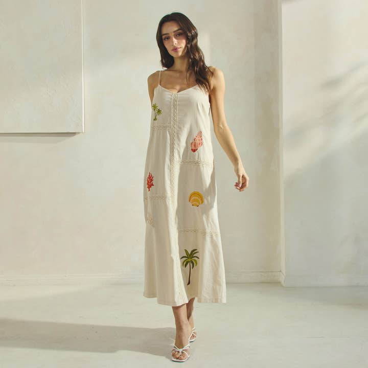 Sand Tropical Embroidered Maxi Dress for wholesale on Faire