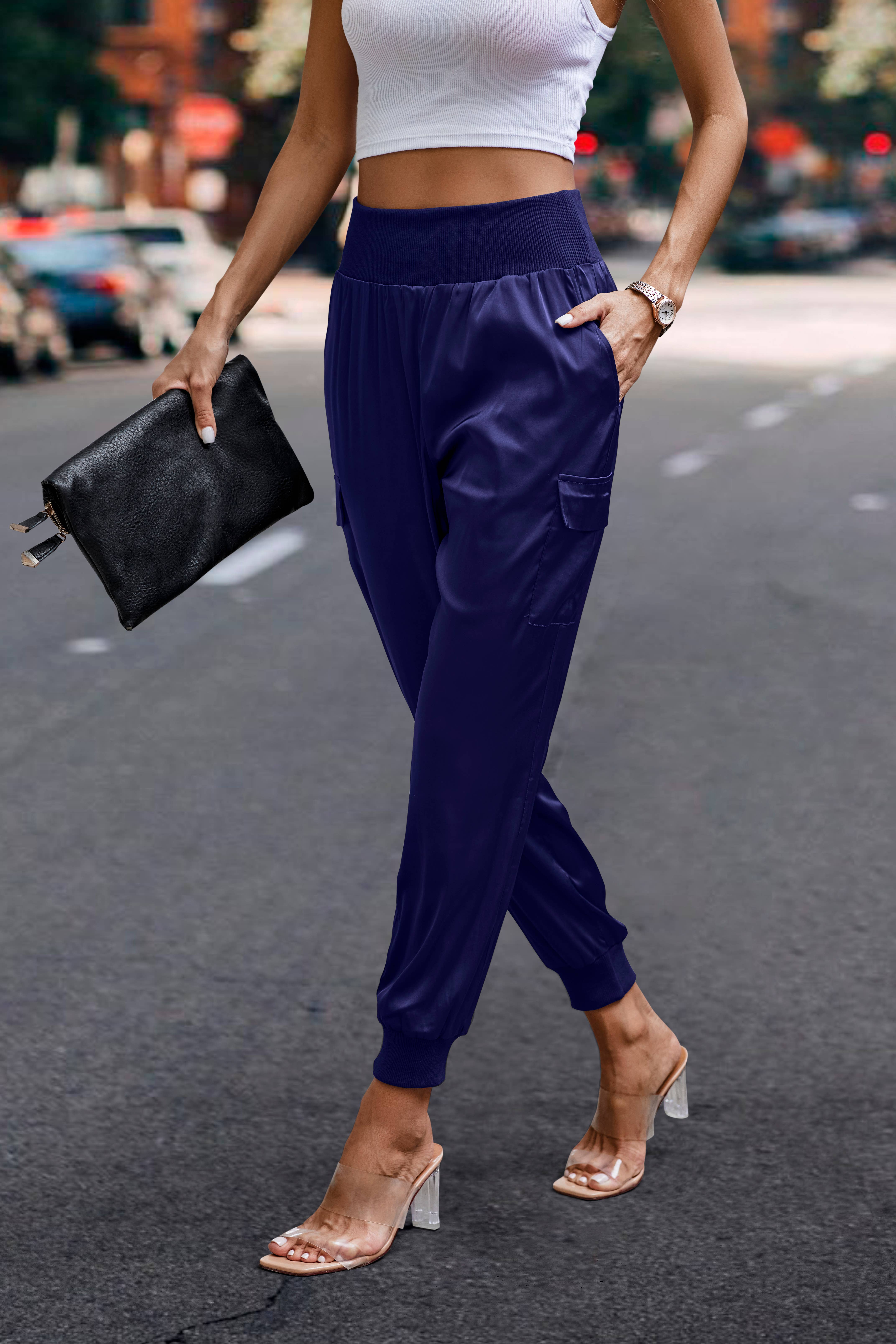 eLook - Wholesale Lounge Sweatpants/Joggers - Women's - SZ1-P0012 Satin Cargo Jogger with Ribbed Waist44