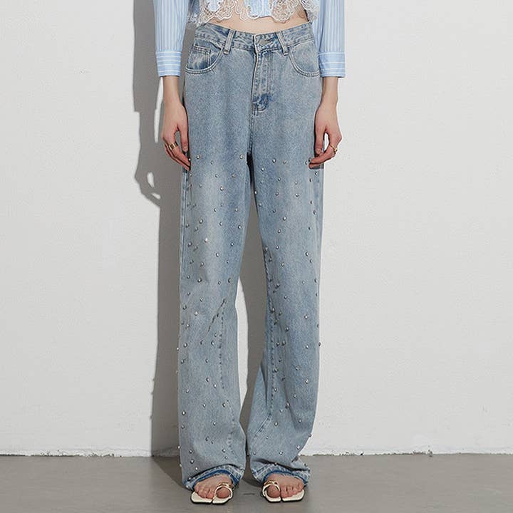 Blue HIGH WAISTED STUDDED PEARL STRAIGHT LEG JEANS_CWJP0197 for wholesale on Faire