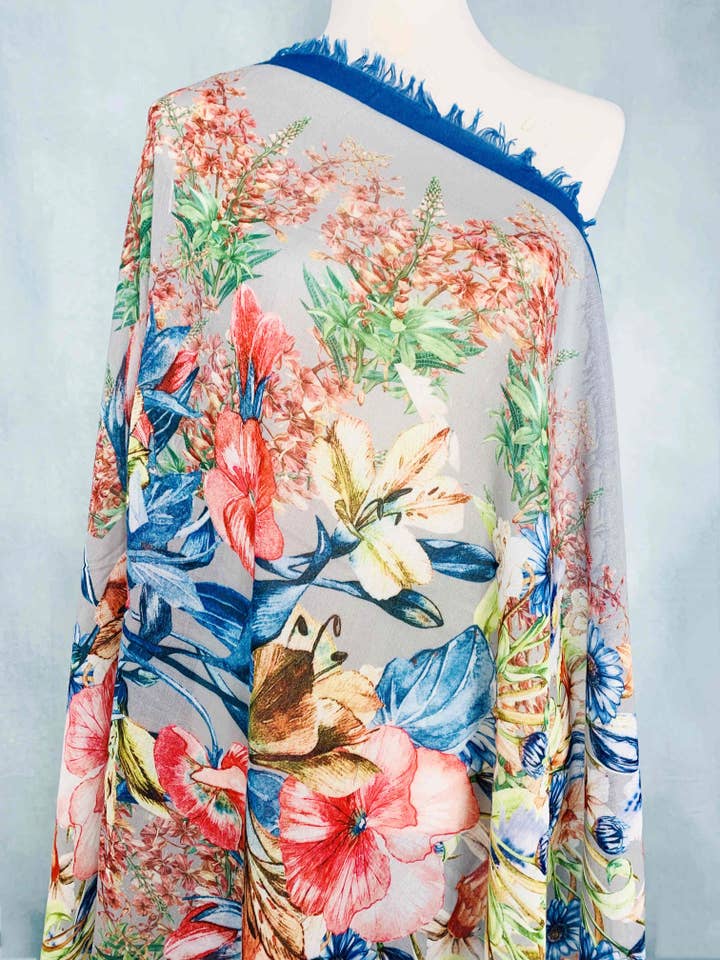 Sarong/Oversized Scarf Grey-Multi Floral Blue Border for wholesale by JC Sunny Fashion