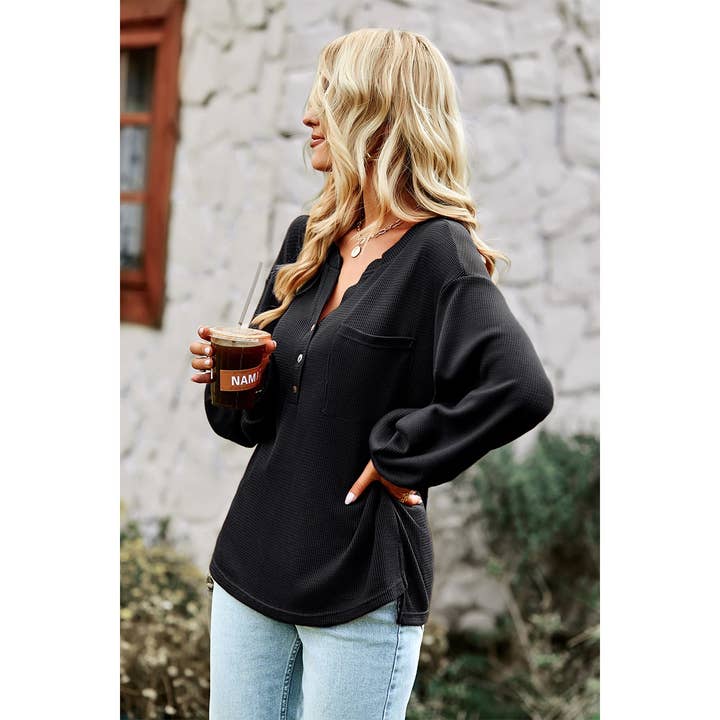 Supreme Fashion - Wholesale Blouse - Women's - Solid V-Neck Loose Fit Long Sleeve Top