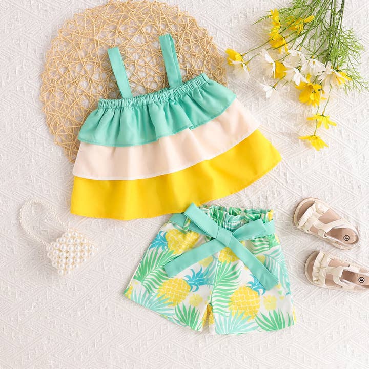 green 9M-4Y Toddler Girls Camisole Tops Tropical Botanical Print Shorts Two Piece Set Wholesale Girls Clothes V3824042400174 for wholesale on Faire