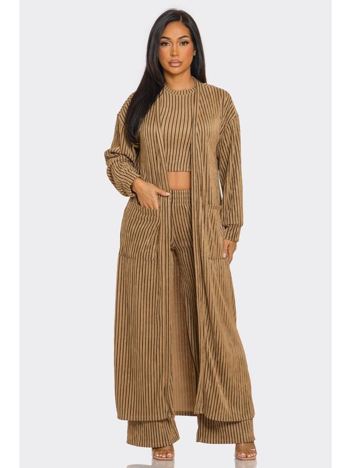 3 Piece Striped Cardigan Set Pants And Crop Top for wholesale by FashionShowcase