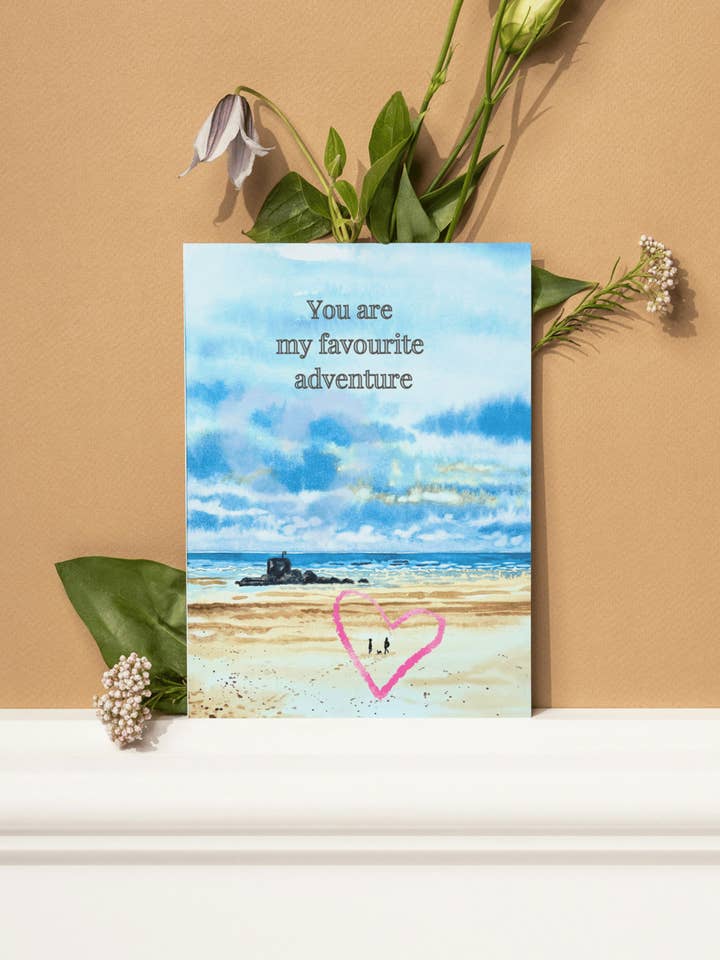 Beach Walk Couple Art Greeting Card- Coastal Lovers Eco Love for wholesale by Charlotte Stone Art