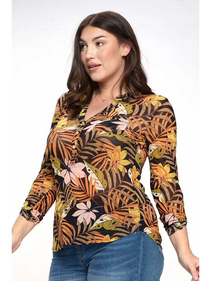 DNA Couture – wholesale Blus - Dam – Plus Storlek Mesh Leaf Print Henley Blus