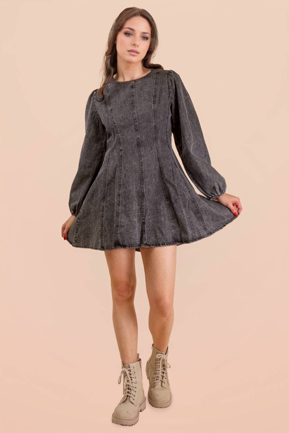 VERY J - Wholesale Dress - Women's - ND31817-Mineral Washed Denim Seam Detail Mini Dress3