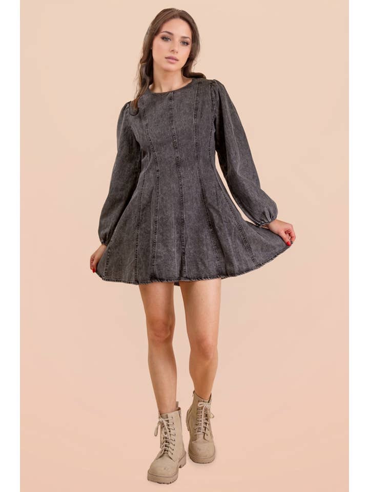 VERY J - Wholesale Dress - Women's - ND31817-Mineral Washed Denim Seam Detail Mini Dress3