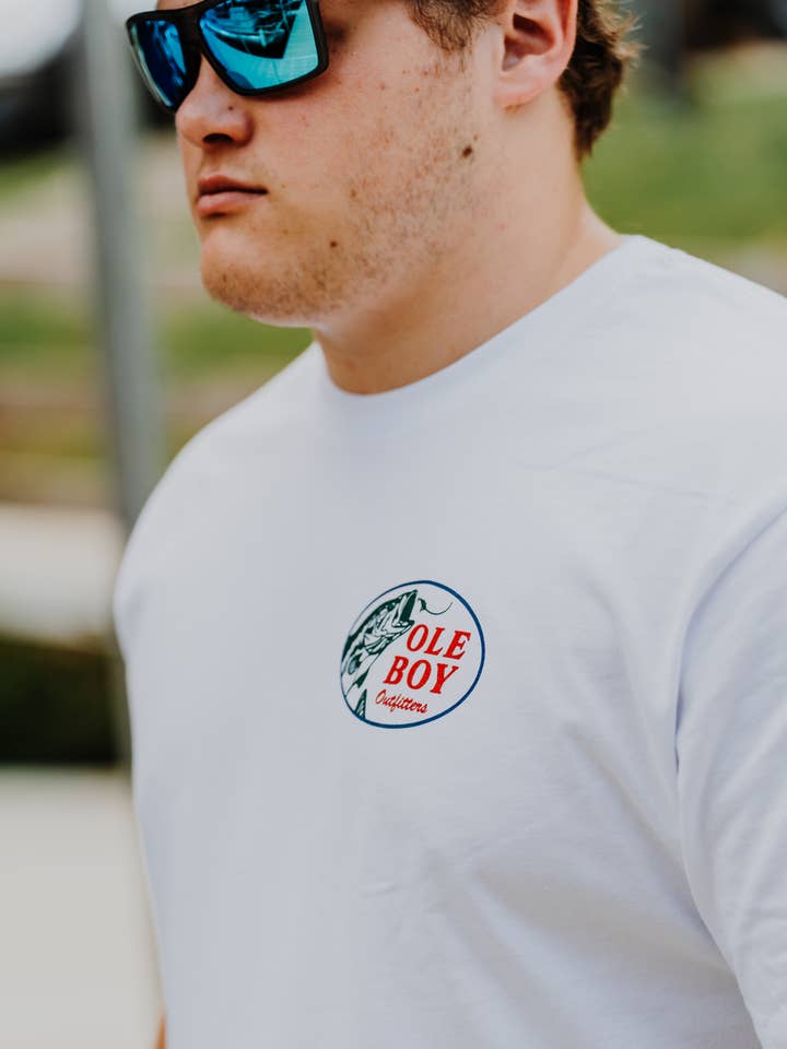White OLE BOY Lured in Bass T-Shirt for wholesale on Faire