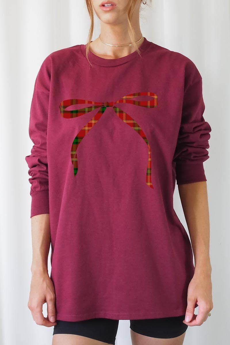 COLORBEAR - Vendita all'ingrosso Maglietta stampata - Donna - Maglietta grafica natalizia a maniche lunghe con fiocco rosso7