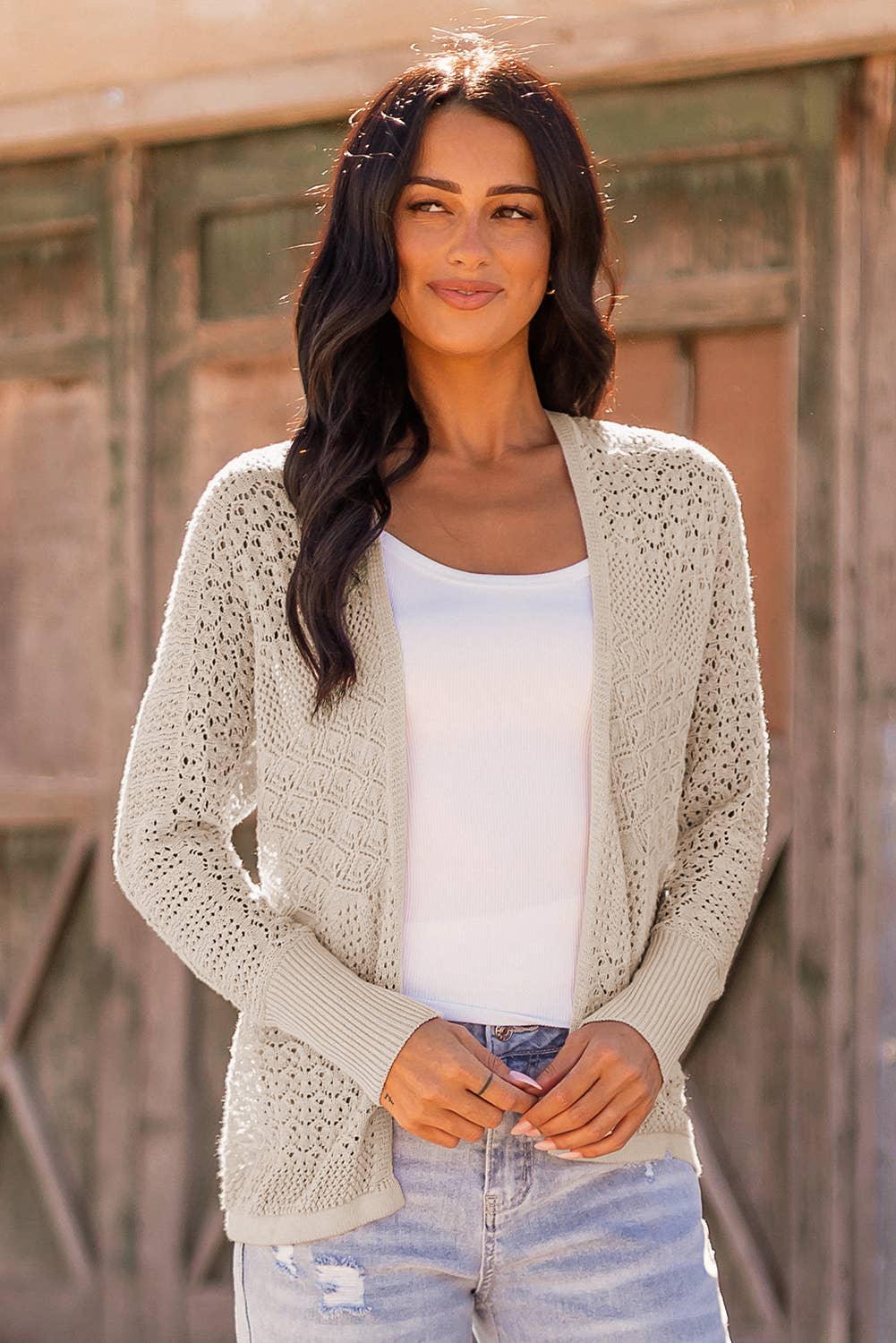 fashionworks - Wholesale Cardigan - Women's - Fashion-W Mix Pattern Hollowed Knit Open Front Cardigan6