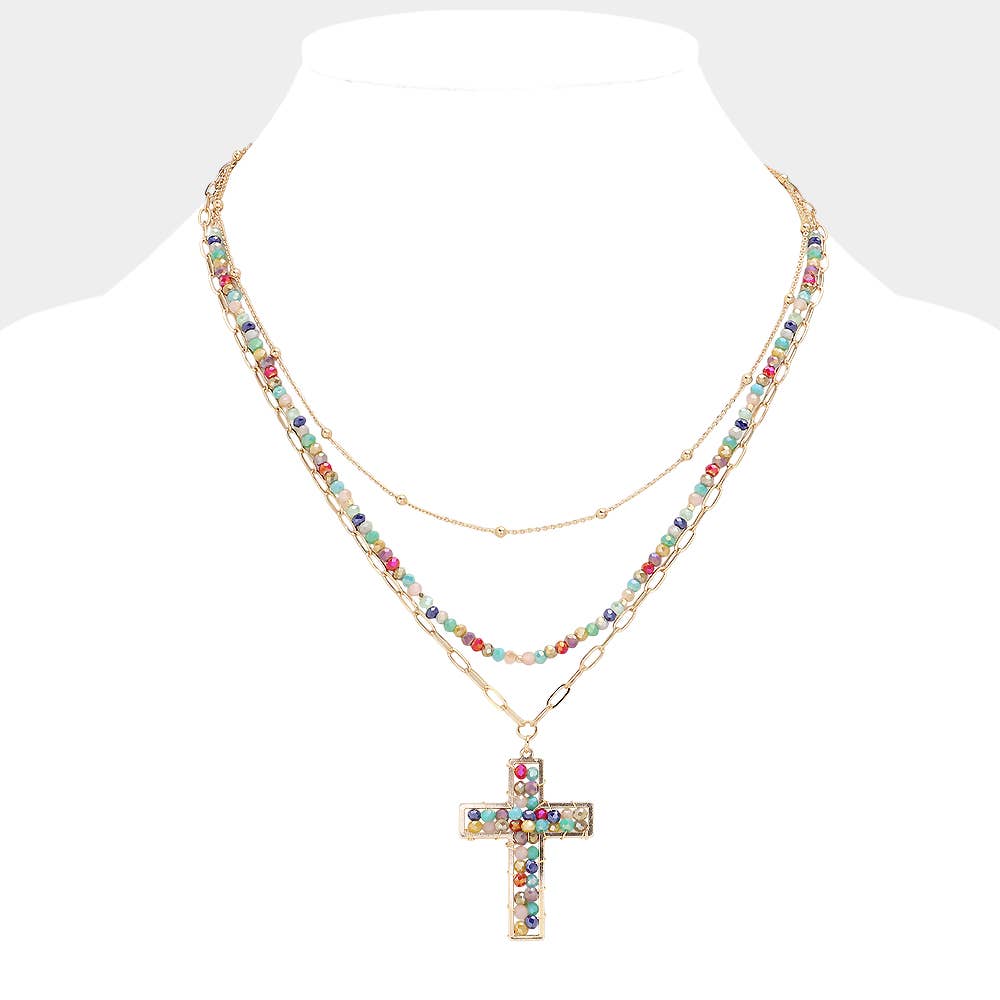 Sensibling Corp. - Wholesale Pendant/Charm Necklace - Faceted Beaded Metal Paperclip Chain Layered Cross Pendant Necklace0