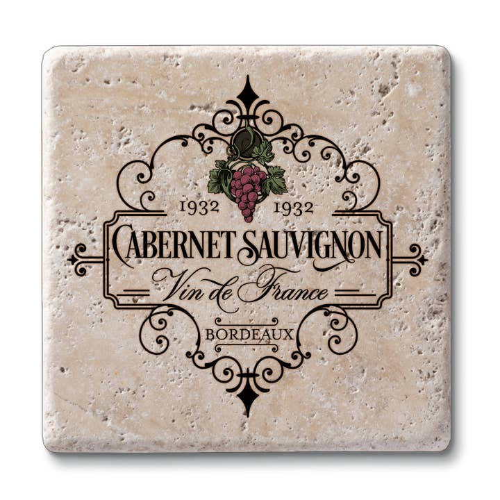 "Vin De France" 4pk Natural Travertine Stone Coasters for wholesale by Conimar Promotions