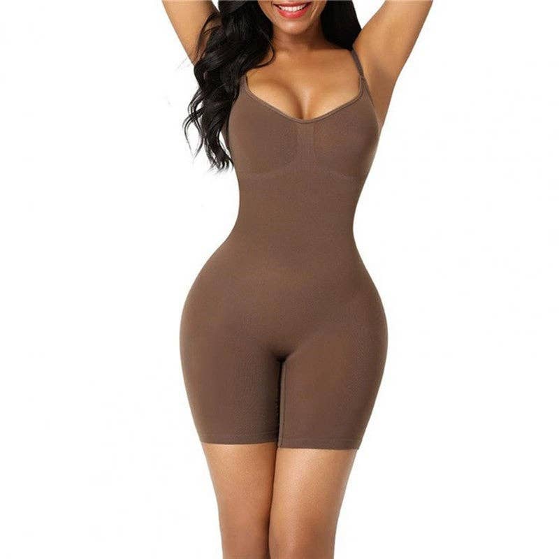 Plush Looks - Wholesale Shapewear - Women's - Solid Color Adjustable Shoulder Straps Tummy Control High Elastic Boxer Open Crotch Bodysuit Shapewear2
