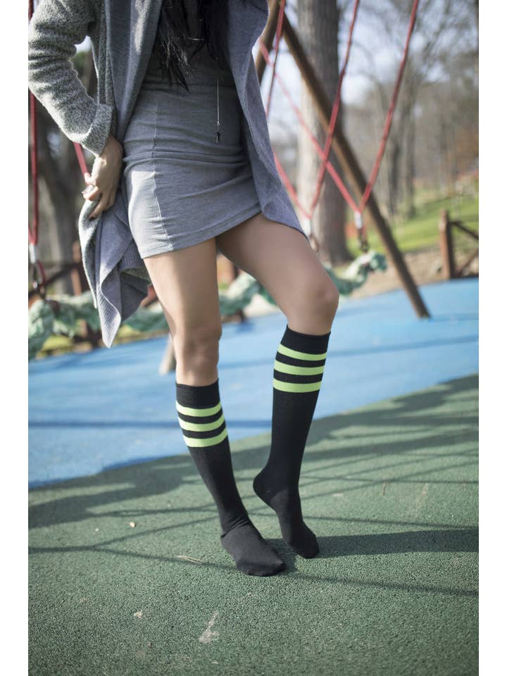 Socks n Socks - Wholesale Socks - Women's - Women's Black Lime Stripe Knee High Socks1