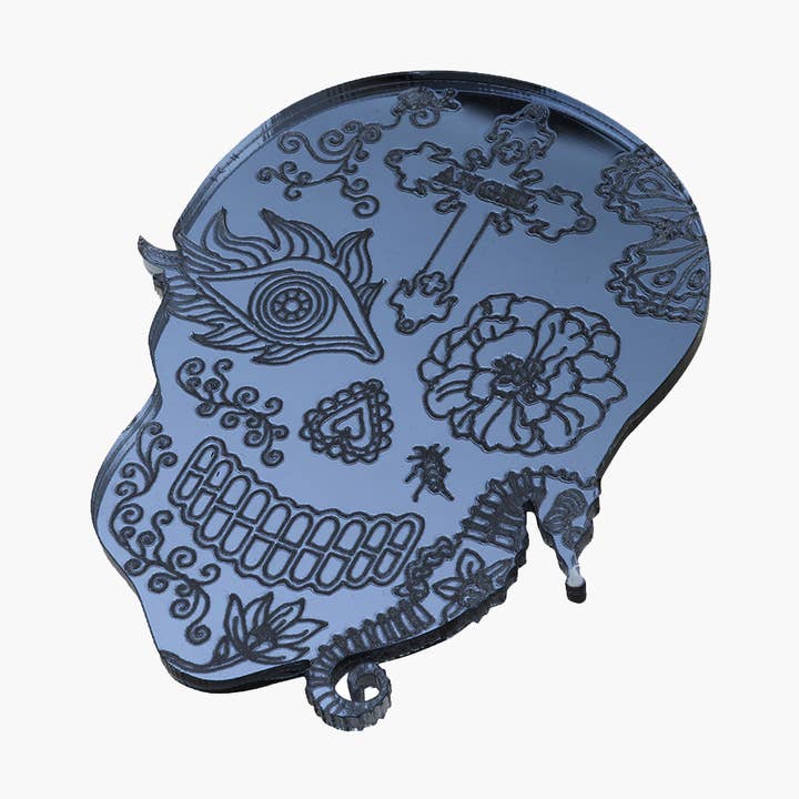 CATRINA BROOCH SKULL / ANTHRACITE METALLIC ACRYLIC for wholesale by Rijkje Jewelry