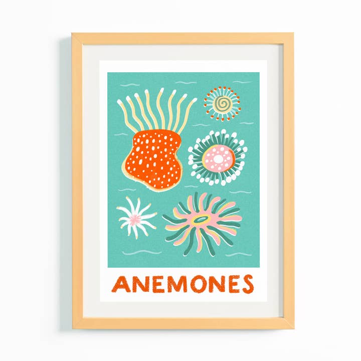 Risograph Style Anemones Illustrated A4 Art Print for wholesale by Salty Siren Studios