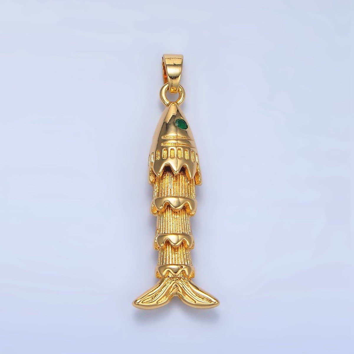 Aim Eternal - Wholesale Individual Charm/Pendant - 24K Gold Filled 35mm Green CZ Multidimensional Artisan Fish Charm | AA9670