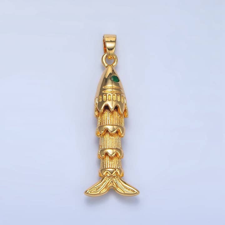 Aim Eternal - Wholesale Individual Charm/Pendant - 24K Gold Filled 35mm Green CZ Multidimensional Artisan Fish Charm | AA967