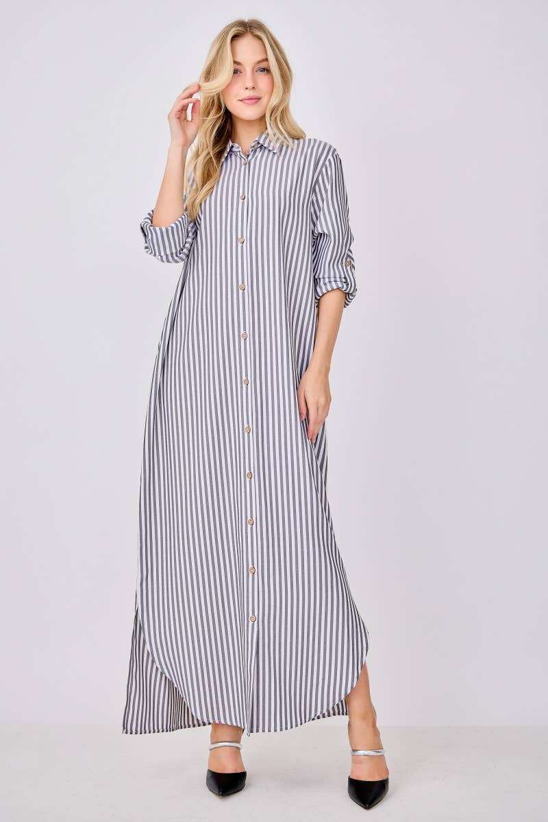 Peace Love Line – wholesale Dress – Women's – SLI3048 - STRIPED BUTTON DOWN SHIRT MAXI DRESS6