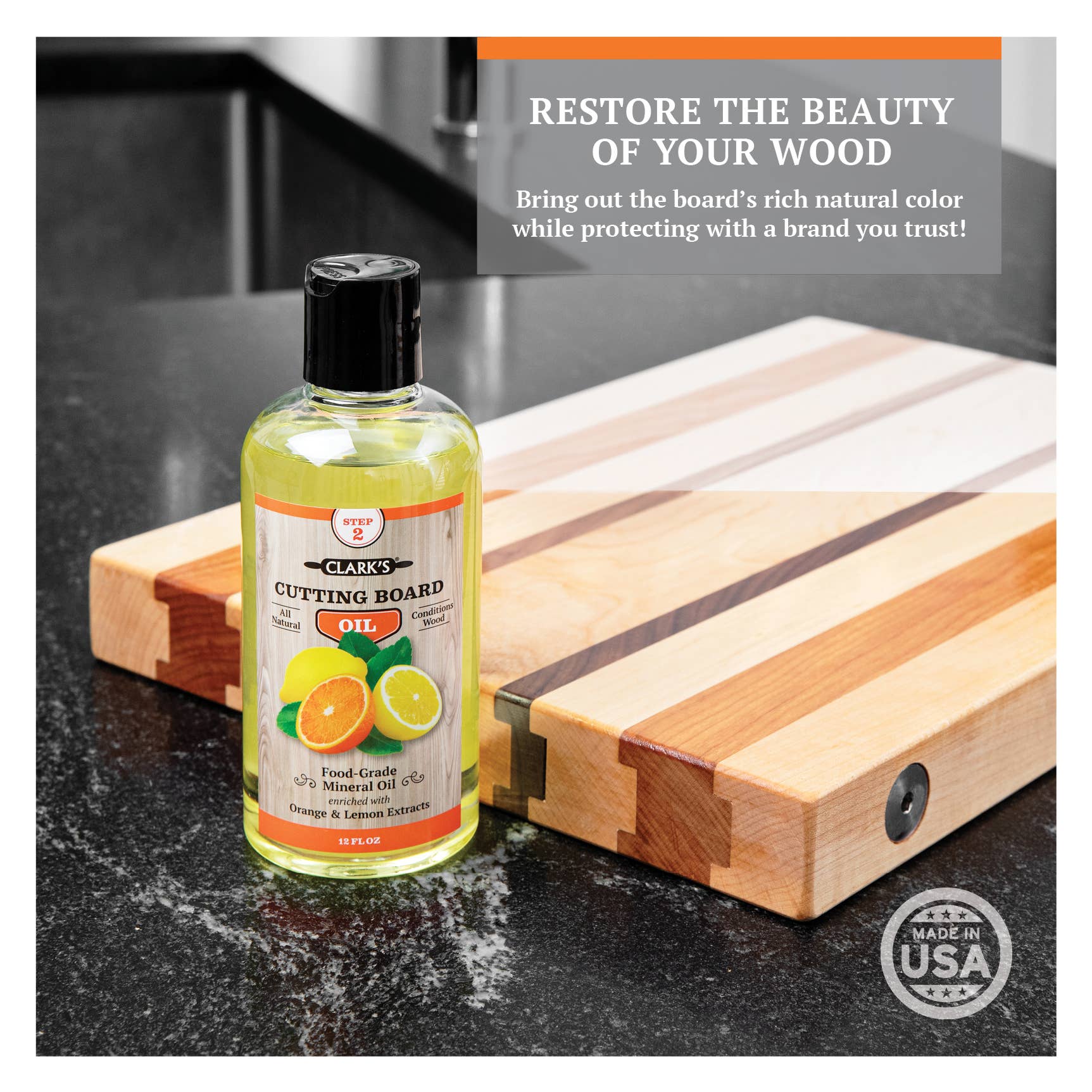 CLARK'S - Vente Planche à découper - Huile pour planches à découper CLARK'S 355 ml | Parfum orange et citron2