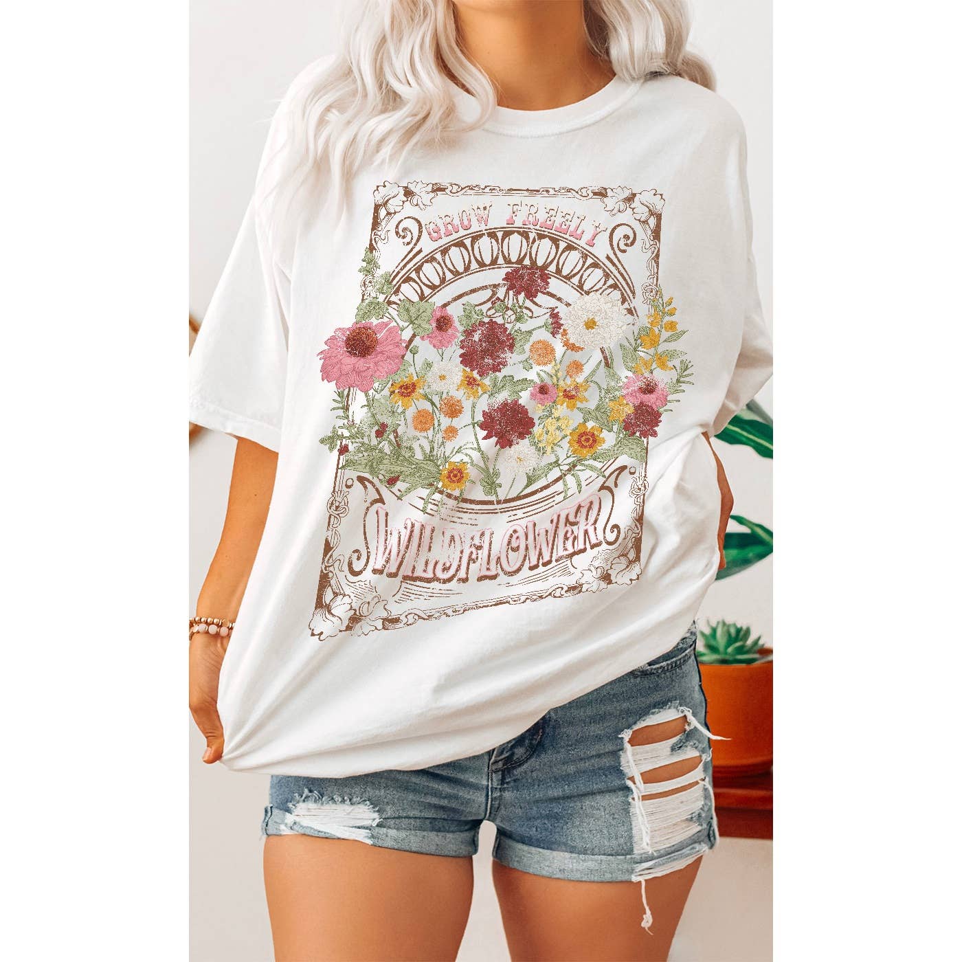 Kissed Apparel - Wholesale Screen Printed T-Shirt - Women's - Retro Grow Freely Wildflower Oversized Graphic Tee1