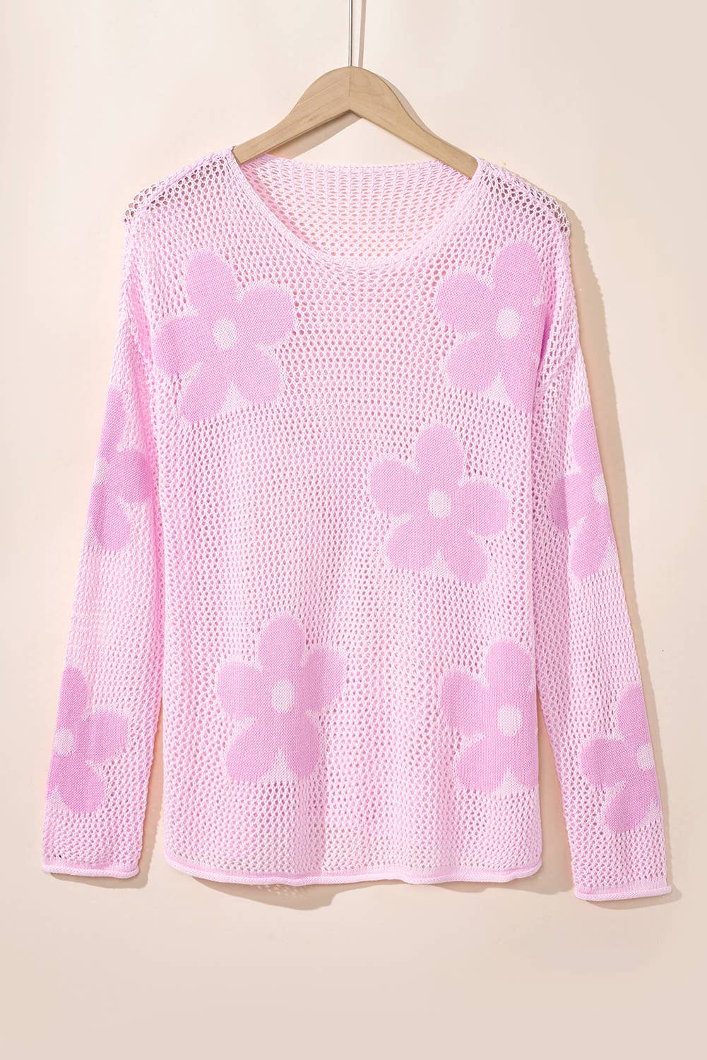 Light Pink Big Flower Hollowed Knit Drop Shoulder Sweater for wholesale on Faire2